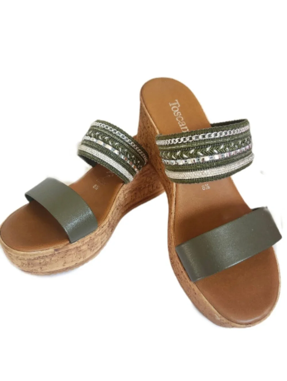 Toscanella Olive Green Embellished Faux Leather 2 Strap Wedge Sandals, 8.5